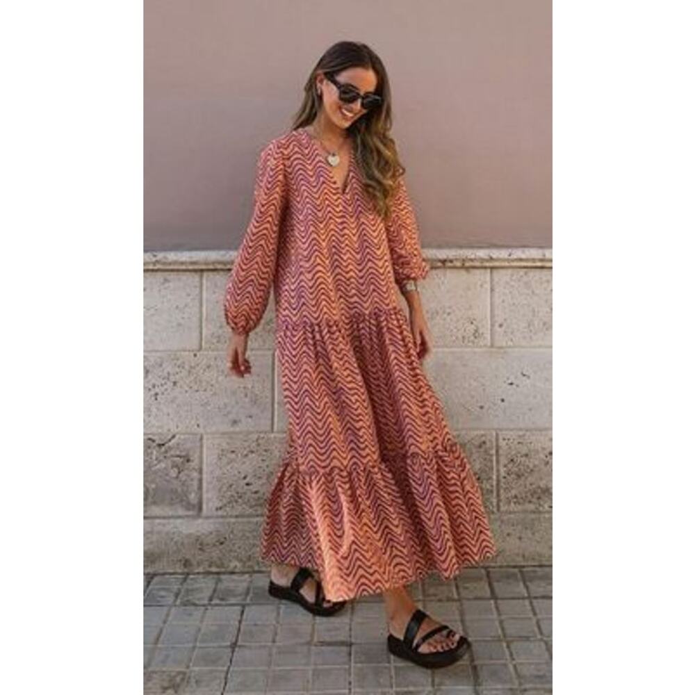 Womens Coral Chevron Tiered Maxi Dress